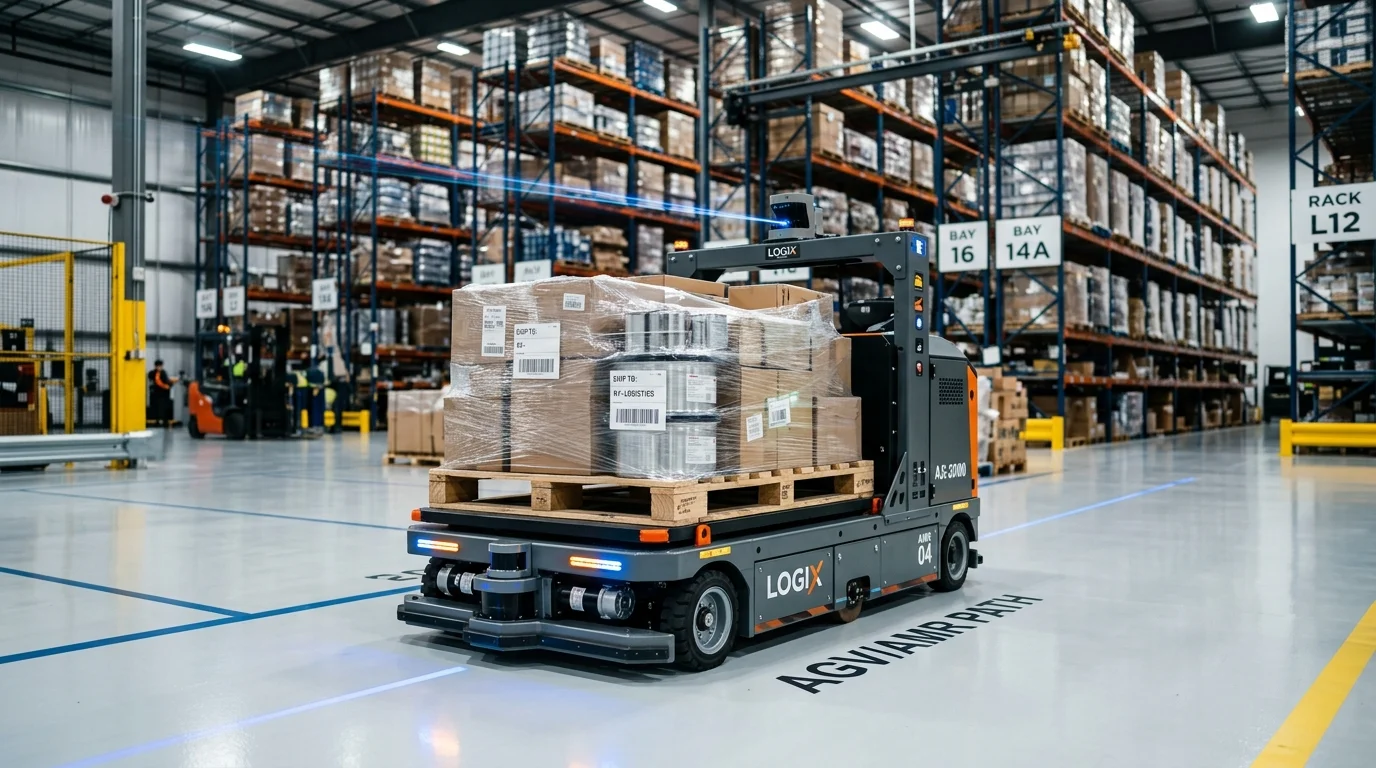 AMR Autonomous Mobile Robot industri membawa muatan pallet di gudang modern dengan navigasi Laser SLAM
