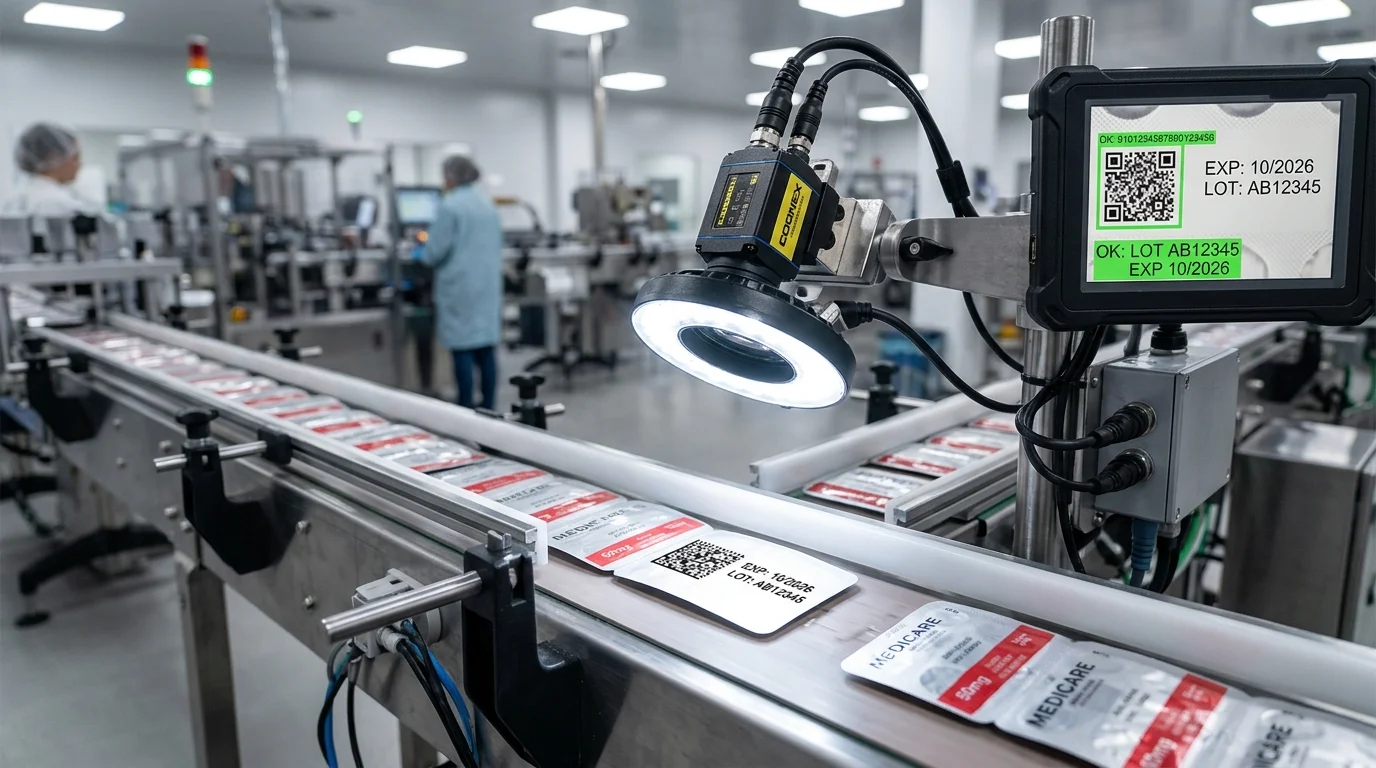 Inspeksi pembacaan OCR teks dan barcode DataMatrix 2D berbasis machine vision industri