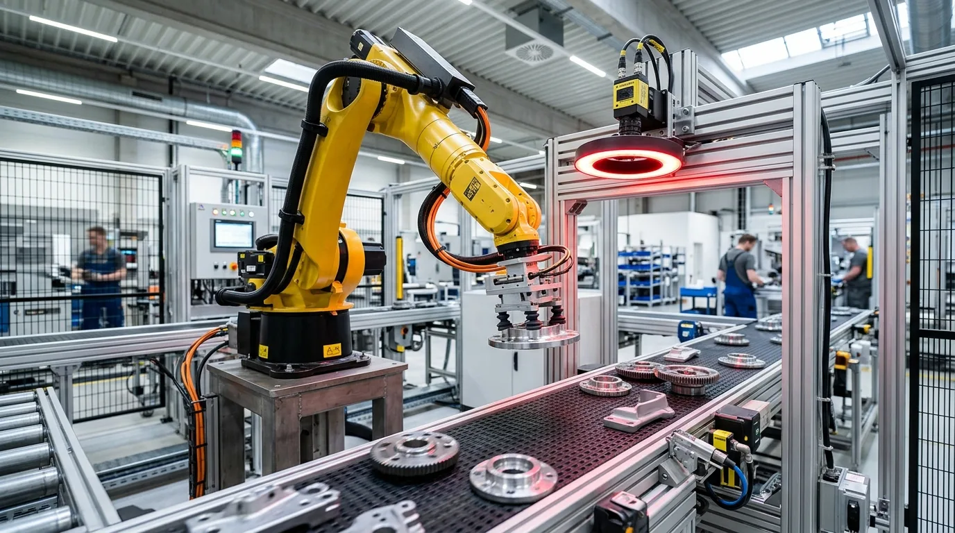 Sistem Vision Guided Robot (VGR) dengan kamera industri dan ring light memandu robotic arm pada lini konveyor manufaktur